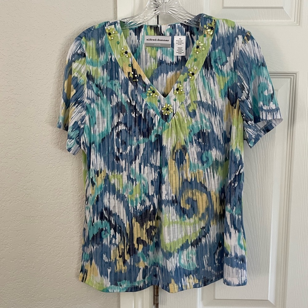 Alfred Dunner petite medium blue and green T-shirt with beaded collar detail